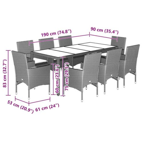 9-Piece Garden Dining Set with Cushions Light Grey Poly Rattan Wicker Outdoor Patio Furniture Glass - Image 7