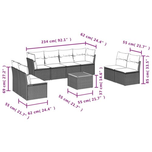 9-Piece Garden Sofa Set with Cushions Beige Poly Rattan Wicker Outdoor Patio Furniture - Image 3