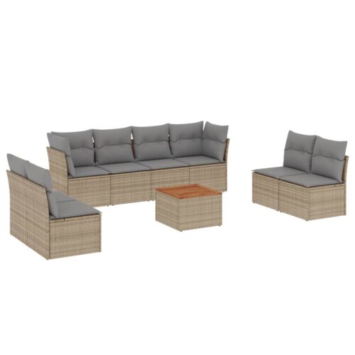 9-Piece Garden Sofa Set with Cushions Beige Poly Rattan Wicker Outdoor Patio Furniture - Image 5