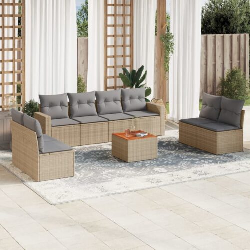 9-Piece Garden Sofa Set with Cushions Beige Poly Rattan Wicker Outdoor Patio Furniture - Image 2