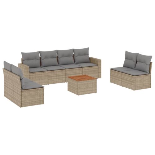 9-Piece Garden Sofa Set with Cushions Beige Poly Rattan Wicker Outdoor Patio Furniture - Image 5