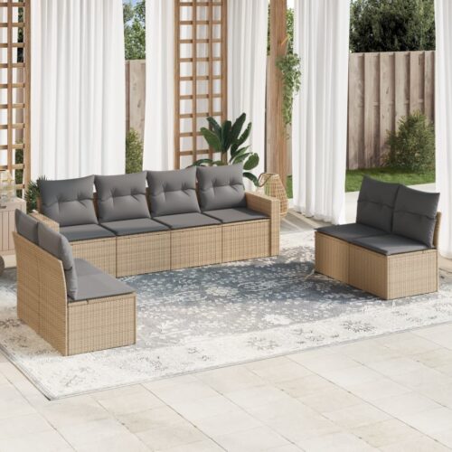 9-Piece Garden Sofa Set with Cushions Beige Poly Rattan Wicker Outdoor Patio Furniture - Image 2