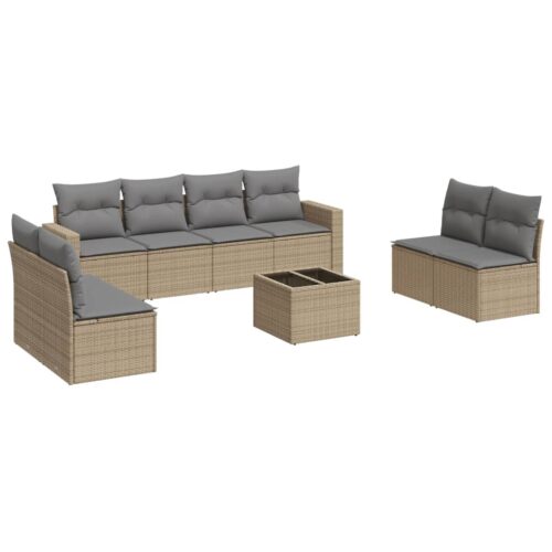 9-Piece Garden Sofa Set with Cushions Beige Poly Rattan Wicker Outdoor Patio Furniture - Image 5