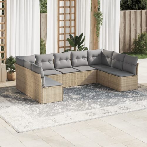 9-Piece Garden Sofa Set with Cushions Beige Poly Rattan Wicker Outdoor Patio Furniture - Image 2