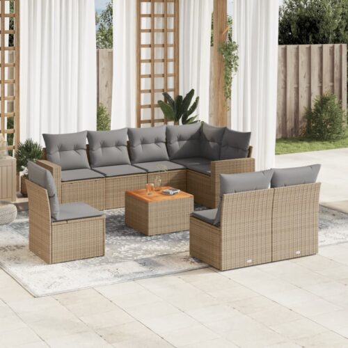 9-Piece Garden Sofa Set with Cushions Beige Poly Rattan Wicker Outdoor Patio Furniture - Image 2