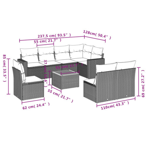 9-Piece Garden Sofa Set with Cushions Beige Poly Rattan Wicker Outdoor Patio Furniture - Image 3