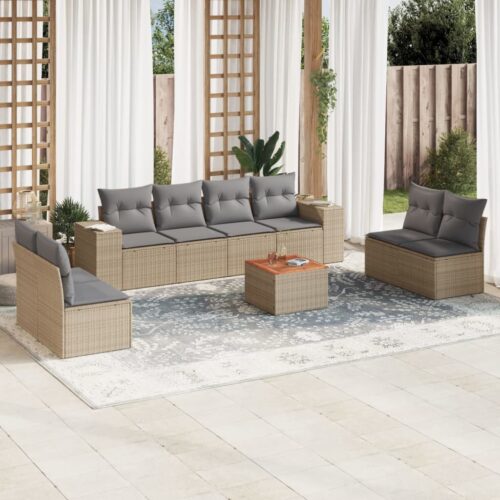 9-Piece Garden Sofa Set with Cushions Beige Poly Rattan Wicker Outdoor Patio Furniture - Image 2