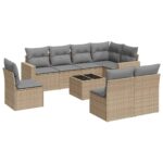 9-Piece Garden Sofa Set with Cushions Beige Poly Rattan Wicker Outdoor Patio Furniture