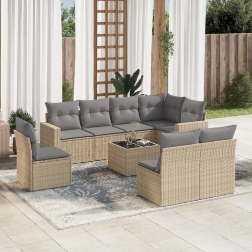 9-Piece Garden Sofa Set with Cushions Beige Poly Rattan Wicker Outdoor Patio Furniture - Image 2