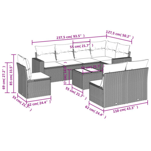 9-Piece Garden Sofa Set with Cushions Beige Poly Rattan Wicker Outdoor Patio Furniture - Image 3