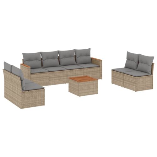 9-Piece Garden Sofa Set with Cushions Beige Poly Rattan Wicker Outdoor Patio Furniture - Image 5