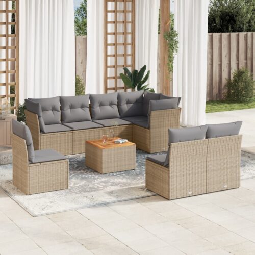 9-Piece Garden Sofa Set with Cushions Beige Poly Rattan Wicker Outdoor Patio Furniture - Image 2