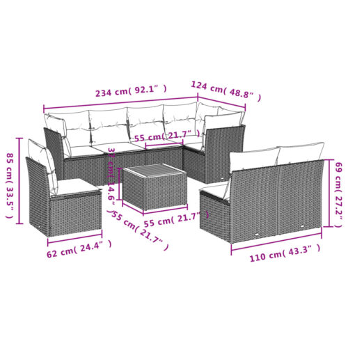 9-Piece Garden Sofa Set with Cushions Beige Poly Rattan Wicker Outdoor Patio Furniture - Image 3