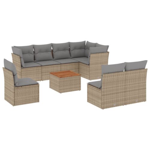 9-Piece Garden Sofa Set with Cushions Beige Poly Rattan Wicker Outdoor Patio Furniture - Image 5