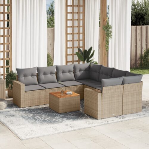 9-Piece Garden Sofa Set with Cushions Beige Poly Rattan Wicker Outdoor Patio Furniture - Image 2