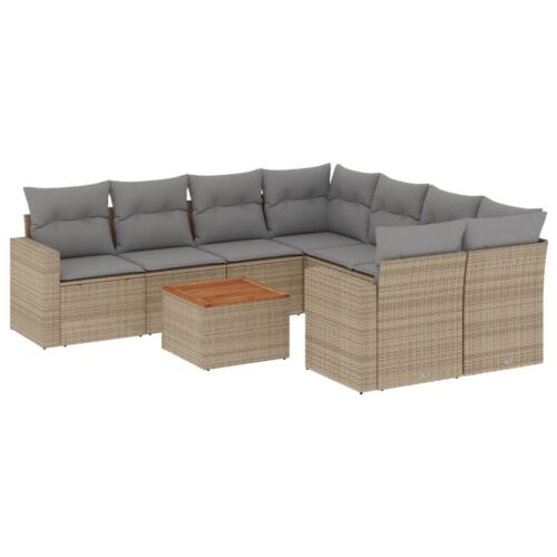9-Piece Garden Sofa Set with Cushions Beige Poly Rattan Wicker Outdoor Patio Furniture - Image 5