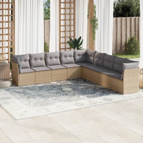 9-Piece Garden Sofa Set with Cushions Beige Poly Rattan Wicker Outdoor Patio Furniture - Image 2