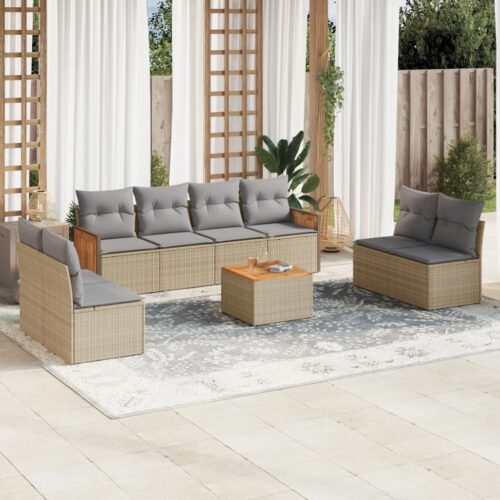9-Piece Garden Sofa Set with Cushions Beige Poly Rattan Wicker Outdoor Patio Furniture - Image 2