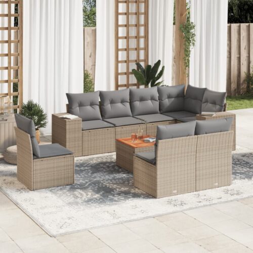 9-Piece Garden Sofa Set with Cushions Beige Poly Rattan Wicker Outdoor Patio Furniture - Image 2