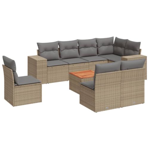 9-Piece Garden Sofa Set with Cushions Beige Poly Rattan Wicker Outdoor Patio Furniture - Image 5