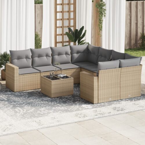 9-Piece Garden Sofa Set with Cushions Beige Poly Rattan Wicker Outdoor Patio Furniture - Image 2