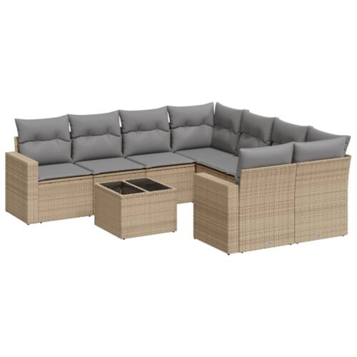9-Piece Garden Sofa Set with Cushions Beige Poly Rattan Wicker Outdoor Patio Furniture - Image 5
