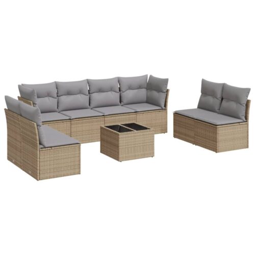 9-Piece Garden Sofa Set with Cushions Beige Poly Rattan Wicker Outdoor Patio Furniture - Image 5