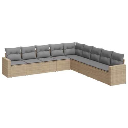 9-Piece Garden Sofa Set with Cushions Beige Poly Rattan Wicker Outdoor Patio Furniture