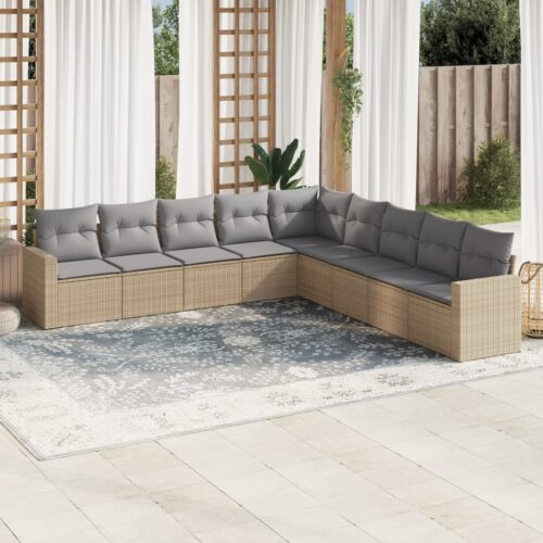 9-Piece Garden Sofa Set with Cushions Beige Poly Rattan Wicker Outdoor Patio Furniture - Image 2