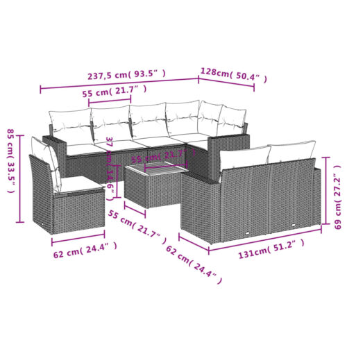9-Piece Garden Sofa Set with Cushions Beige Poly Rattan Wicker Outdoor Patio Furniture - Image 3
