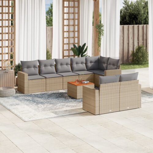 9-Piece Garden Sofa Set with Cushions Beige Poly Rattan Wicker Outdoor Patio Furniture - Image 2