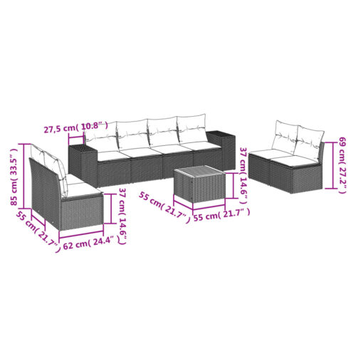 9-Piece Garden Sofa Set with Cushions Beige Poly Rattan Wicker Outdoor Patio Furniture - Image 3