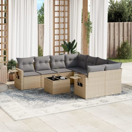 9-Piece Garden Sofa Set with Cushions Beige Poly Rattan Wicker Outdoor Patio Furniture - Image 2