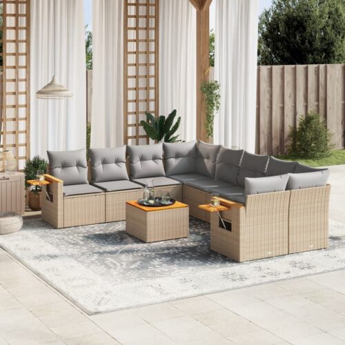 9-Piece Garden Sofa Set with Cushions Beige Poly Rattan Wicker Outdoor Patio Furniture - Image 2
