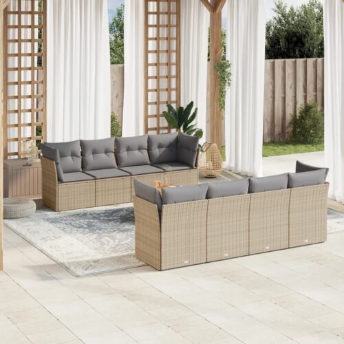 9-Piece Garden Sofa Set with Cushions Beige Poly Rattan Wicker Outdoor Patio Furniture - Image 2