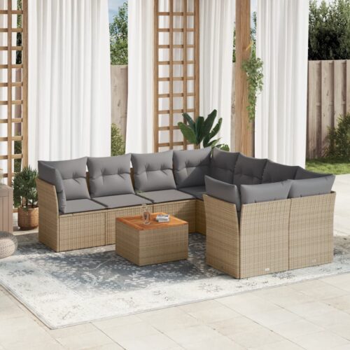 9-Piece Garden Sofa Set with Cushions Beige Poly Rattan Wicker Outdoor Patio Furniture - Image 2