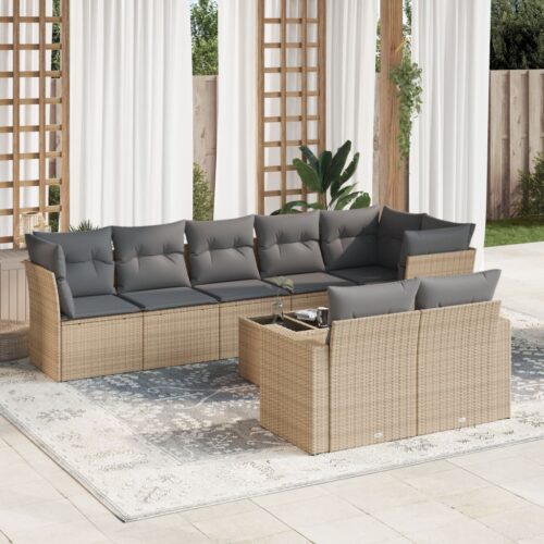 9-Piece Garden Sofa Set with Cushions Beige Poly Rattan Wicker Outdoor Patio Furniture - Image 2