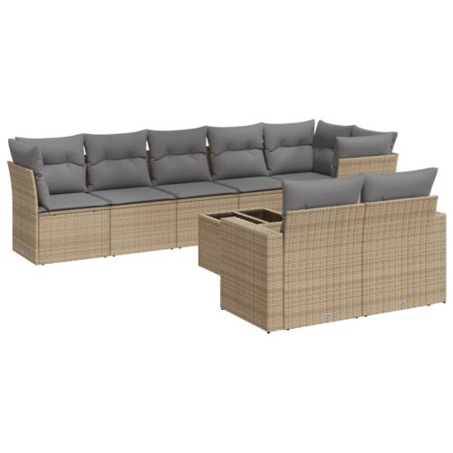 9-Piece Garden Sofa Set with Cushions Beige Poly Rattan Wicker Outdoor Patio Furniture - Image 5