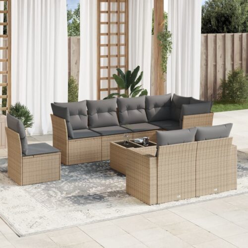 9-Piece Garden Sofa Set with Cushions Beige Poly Rattan Wicker Outdoor Patio Furniture - Image 2