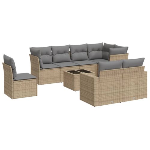 9-Piece Garden Sofa Set with Cushions Beige Poly Rattan Wicker Outdoor Patio Furniture - Image 5