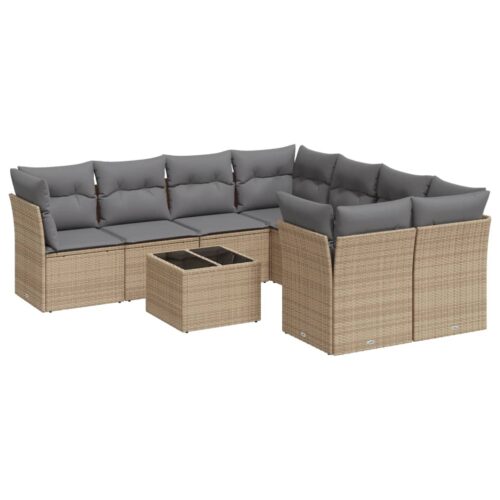 9-Piece Garden Sofa Set with Cushions Beige Poly Rattan Wicker Outdoor Patio Furniture