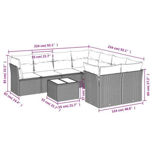 9-Piece Garden Sofa Set with Cushions Beige Poly Rattan Wicker Outdoor Patio Furniture - Image 3