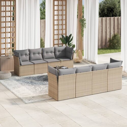 9-Piece Garden Sofa Set with Cushions Beige Poly Rattan Wicker Outdoor Patio Furniture - Image 2