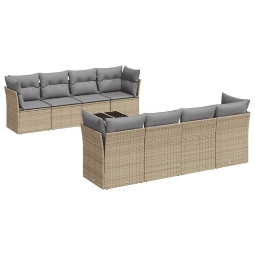 9-Piece Garden Sofa Set with Cushions Beige Poly Rattan Wicker Outdoor Patio Furniture - Image 5