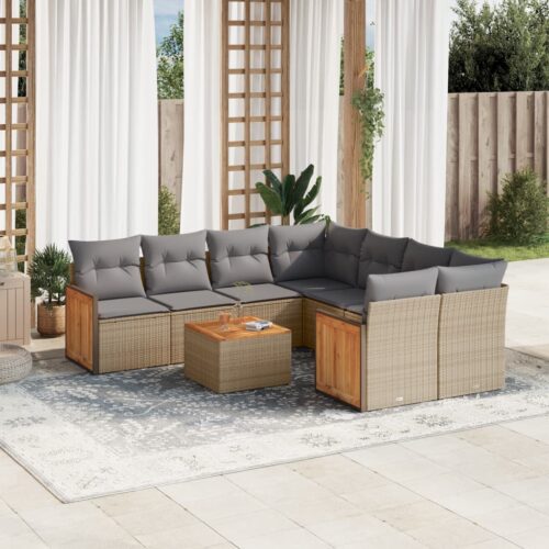 9-Piece Garden Sofa Set with Cushions Beige Poly Rattan Wicker Outdoor Patio Furniture - Image 2