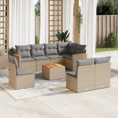 9-Piece Garden Sofa Set with Cushions Beige Poly Rattan Wicker Outdoor Patio Furniture - Image 2