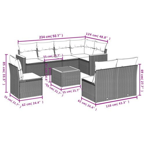 9-Piece Garden Sofa Set with Cushions Beige Poly Rattan Wicker Outdoor Patio Furniture - Image 3