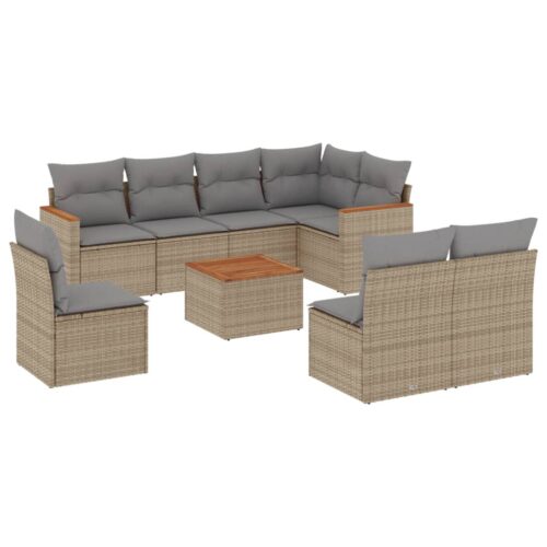 9-Piece Garden Sofa Set with Cushions Beige Poly Rattan Wicker Outdoor Patio Furniture - Image 5
