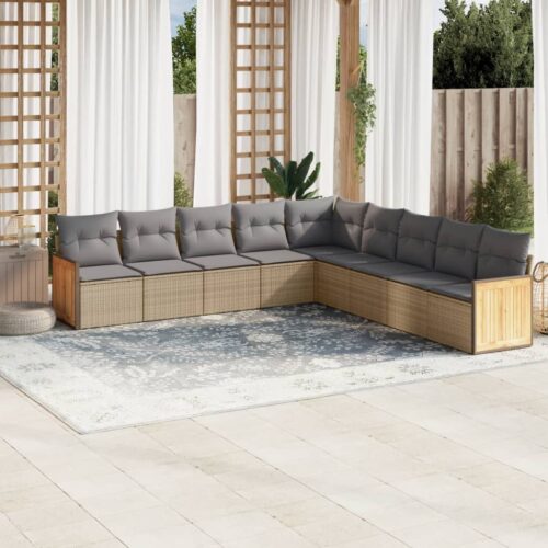 9-Piece Garden Sofa Set with Cushions Beige Poly Rattan Wicker Outdoor Patio Furniture - Image 2