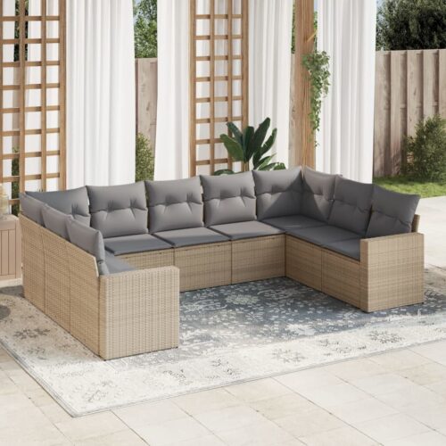 9-Piece Garden Sofa Set with Cushions Beige Poly Rattan Wicker Outdoor Patio Furniture - Image 2
